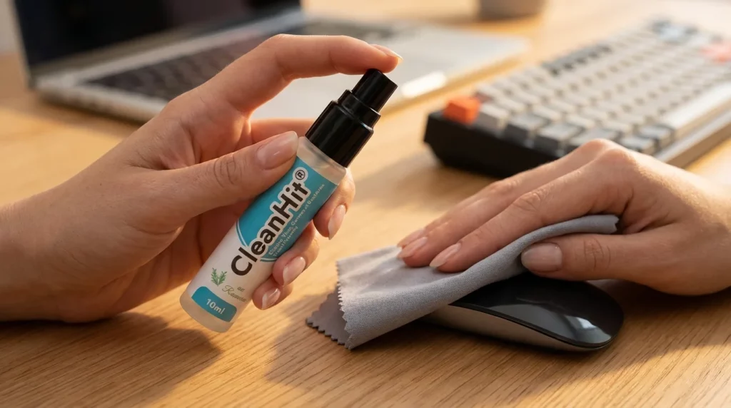 Avantage CleanHit® : son format ultra-compact de 10ml et son parfum naturel de romarin permettent une désinfection discrète sans odeur chimique agressive qui alerterait tout l'open space